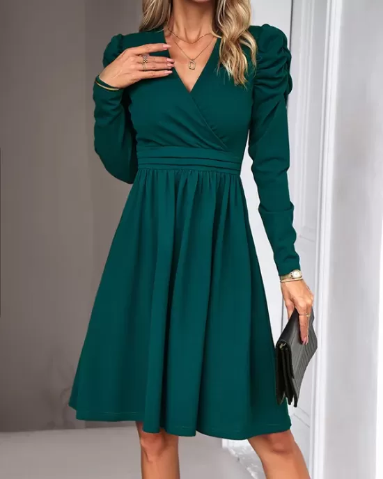 Pleated Solid Color Split-Joint Puff Sleeves Skinny V-Neck Midi Dresses