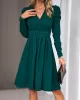 Pleated Solid Color Split-Joint Puff Sleeves Skinny V-Neck Midi Dresses