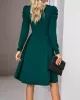 Pleated Solid Color Split-Joint Puff Sleeves Skinny V-Neck Midi Dresses