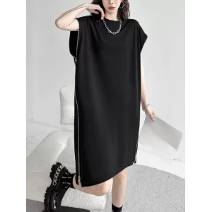 Loose Short Sleeves Asymmetric Zipper Round-Neck Dresses Midi Dresses