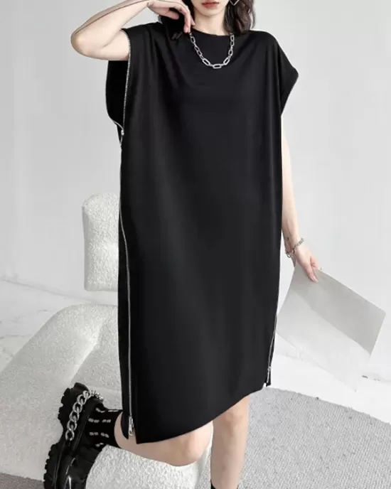 Loose Short Sleeves Asymmetric Zipper Round-Neck Dresses Midi Dresses