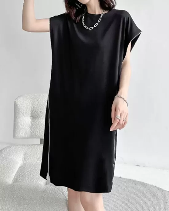 Loose Short Sleeves Asymmetric Zipper Round-Neck Dresses Midi Dresses