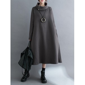 Asymmetric Solid Color Zipper A-Line Long Sleeves High Neck Midi Dresses