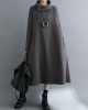 Asymmetric Solid Color Zipper A-Line Long Sleeves High Neck Midi Dresses