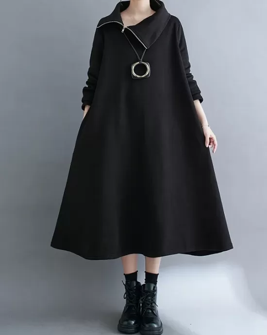 Asymmetric Solid Color Zipper A-Line Long Sleeves High Neck Midi Dresses