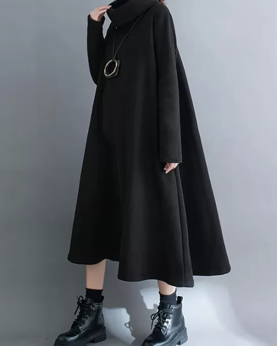 Asymmetric Solid Color Zipper A-Line Long Sleeves High Neck Midi Dresses