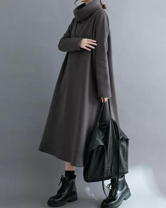 Asymmetric Solid Color Zipper A-Line Long Sleeves High Neck Midi Dresses