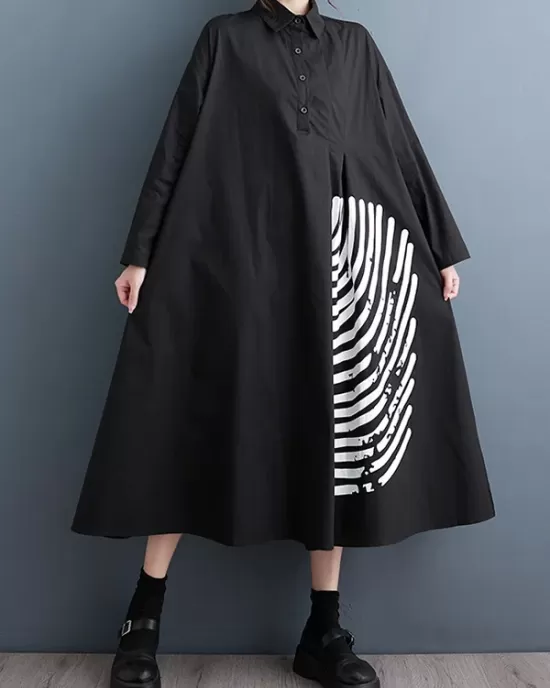 Asymmetric Buttoned Pleated Printed Split-Joint A-Line Long Sleeves Lapel Shirt Dress Midi Dresses