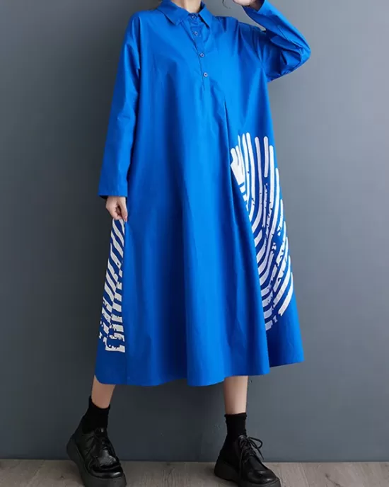 Asymmetric Buttoned Pleated Printed Split-Joint A-Line Long Sleeves Lapel Shirt Dress Midi Dresses