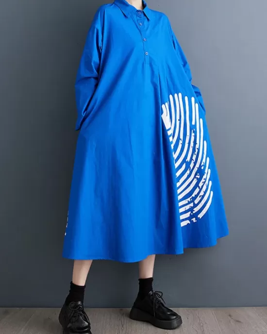 Asymmetric Buttoned Pleated Printed Split-Joint A-Line Long Sleeves Lapel Shirt Dress Midi Dresses