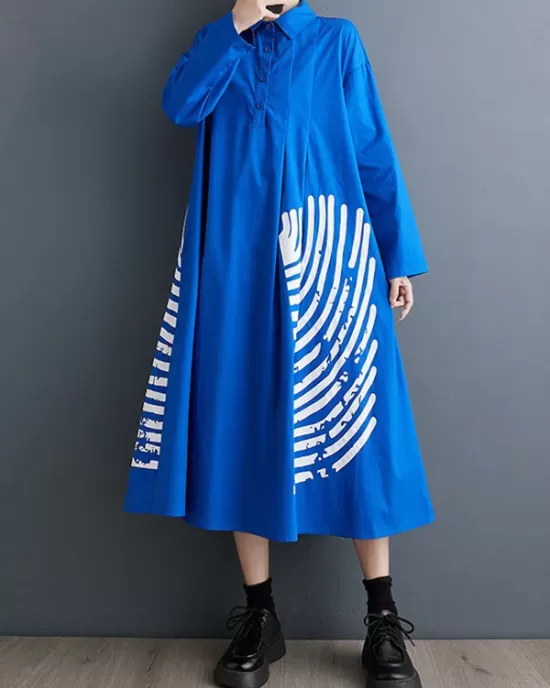 Asymmetric Buttoned Pleated Printed Split-Joint A-Line Long Sleeves Lapel Shirt Dress Midi Dresses