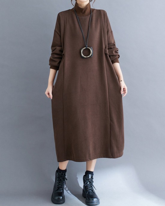 Solid Color A-Line Long Sleeves Mock Neck Midi Dresses