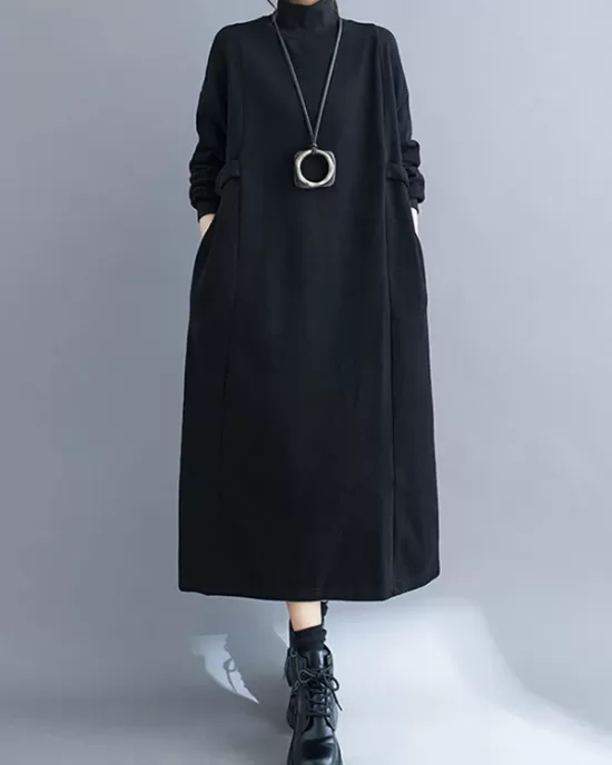 Solid Color A-Line Long Sleeves Mock Neck Midi Dresses