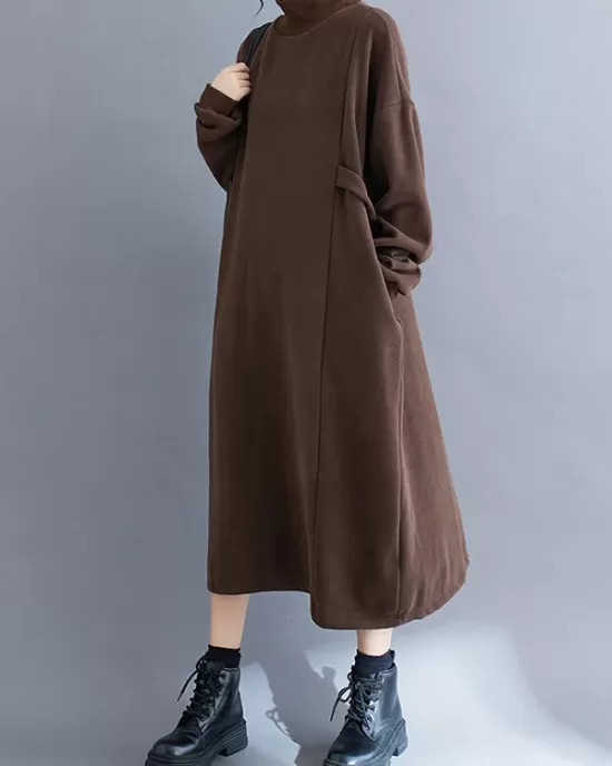 Solid Color A-Line Long Sleeves Mock Neck Midi Dresses