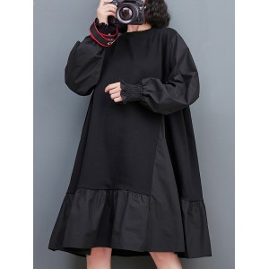 Pleated Solid Color Split-Joint Loose Puff Sleeves Round-neck Midi Dresses