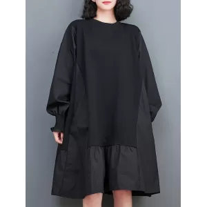 Pleated Solid Color Split-Joint Loose Puff Sleeves Round-neck Midi Dresses