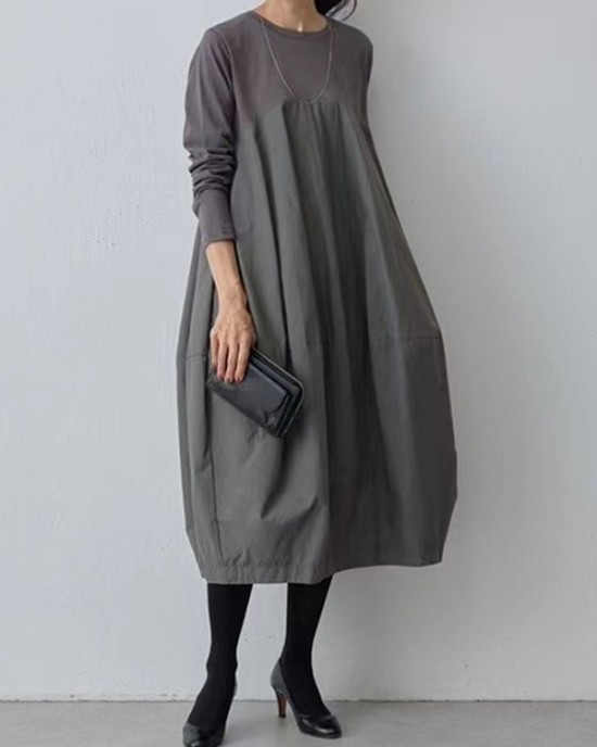 Split-Joint Long Sleeves Loose Round-Neck Midi Dresses