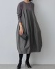 Split-Joint Long Sleeves Loose Round-Neck Midi Dresses