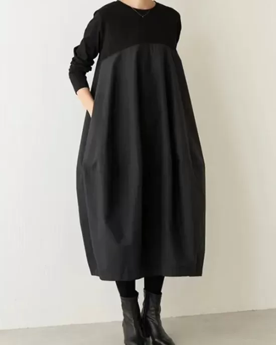 Split-Joint Long Sleeves Loose Round-Neck Midi Dresses