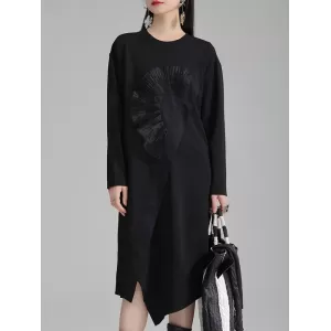 Asymmetric Three-Dimensional Flower High-Low Long Sleeves Round-Neck Midi Dresses