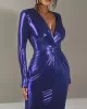 Pleated Shiny Solid Color Split-Joint Bodycon Long Sleeves V-Neck Midi Dresses