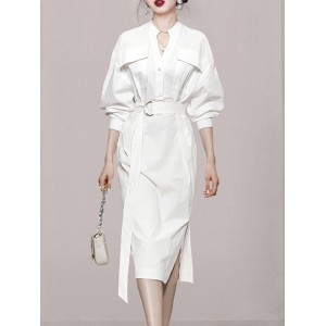 See-Through Split-Joint Split-Side Tied Waist Long Sleeves Loose V-Neck Shirt Dress Midi Dresses