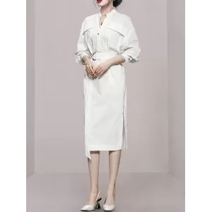 See-Through Split-Joint Split-Side Tied Waist Long Sleeves Loose V-Neck Shirt Dress Midi Dresses