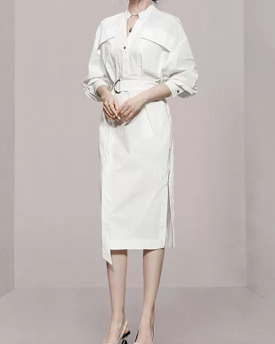 See-Through Split-Joint Split-Side Tied Waist Long Sleeves Loose V-Neck Shirt Dress Midi Dresses