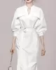 See-Through Split-Joint Split-Side Tied Waist Long Sleeves Loose V-Neck Shirt Dress Midi Dresses