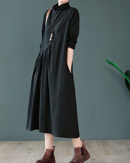 Original Solid High-Neck Knitting Dress