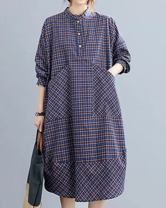 Vintage Plaid Irregularity Shirt Dresses