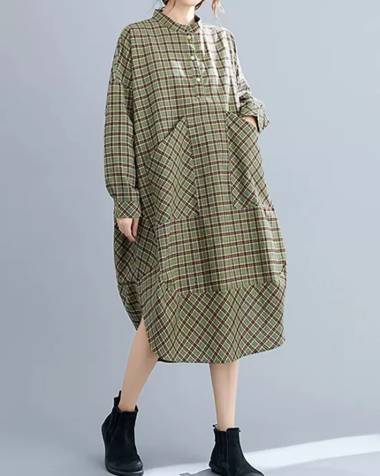 Vintage Plaid Irregularity Shirt Dresses