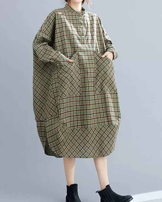 Vintage Plaid Irregularity Shirt Dresses