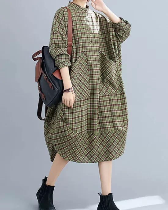 Vintage Plaid Irregularity Shirt Dresses