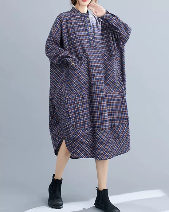 Vintage Plaid Irregularity Shirt Dresses