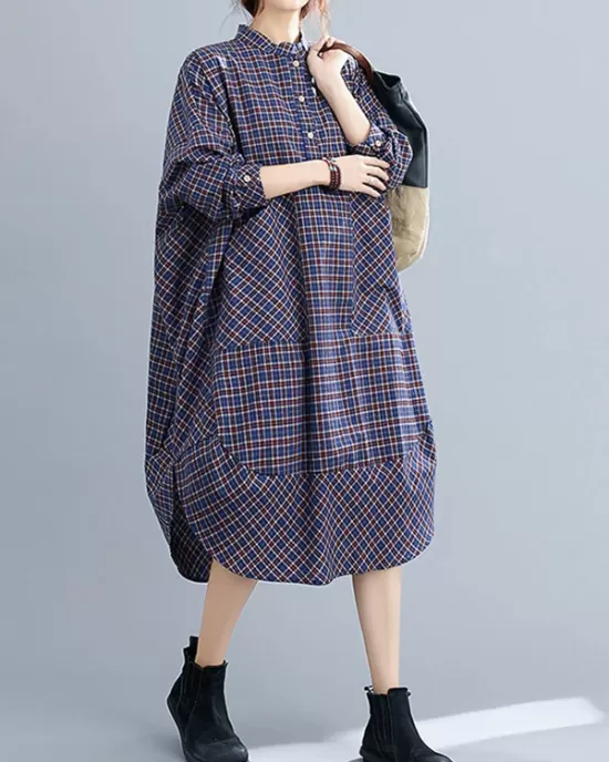 Vintage Plaid Irregularity Shirt Dresses