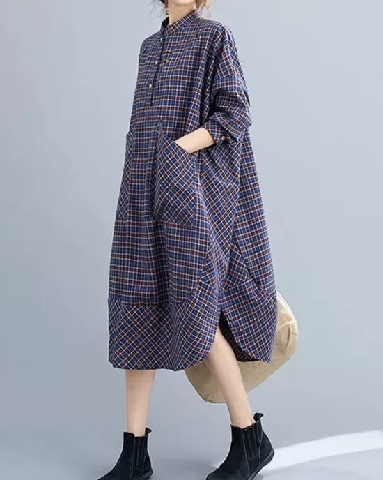 Vintage Plaid Irregularity Shirt Dresses