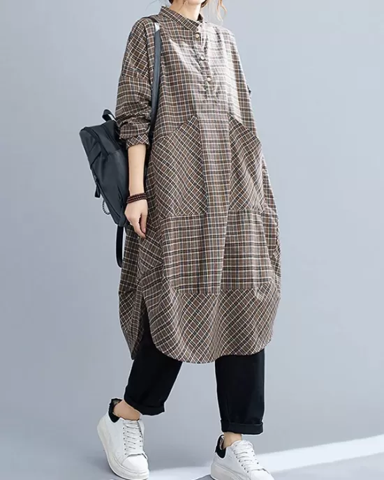 Vintage Plaid Irregularity Shirt Dresses