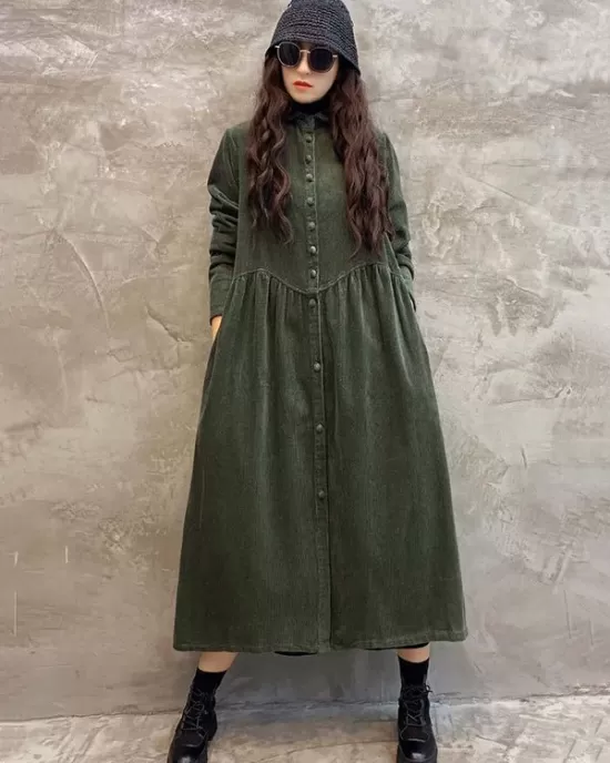 Original Solid Corduroy Lapel Dress