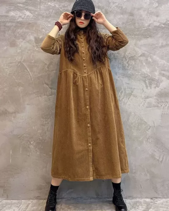 Original Solid Corduroy Lapel Dress