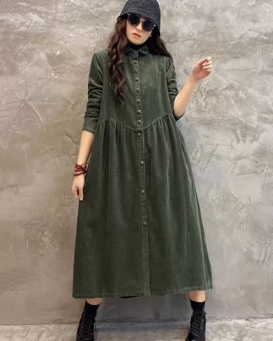 Original Solid Corduroy Lapel Dress