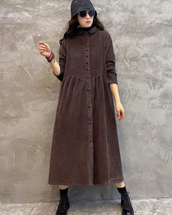 Original Solid Corduroy Lapel Dress