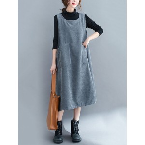 Corduroy Sleeveless Split-Joint Round-Neck Midi Dress