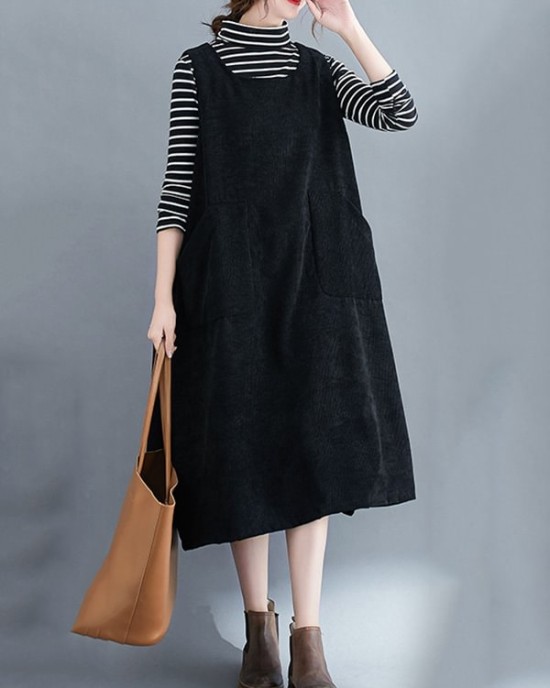 Corduroy Sleeveless Split-Joint Round-Neck Midi Dress