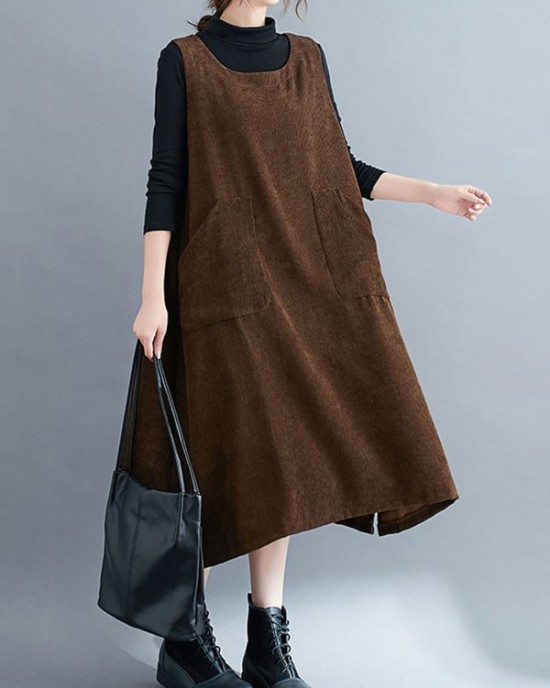 Corduroy Sleeveless Split-Joint Round-Neck Midi Dress