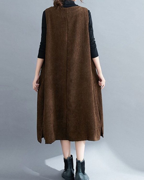 Corduroy Sleeveless Split-Joint Round-Neck Midi Dress