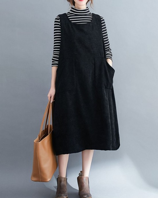 Corduroy Sleeveless Split-Joint Round-Neck Midi Dress