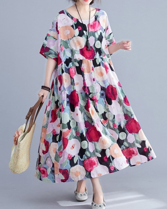 Original Floral Round-Neck Dresses