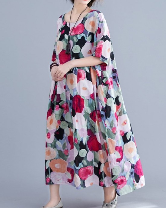 Original Floral Round-Neck Dresses