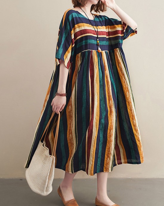 Original Cotton Blend Stripe Half Sleeve Maxi Dress